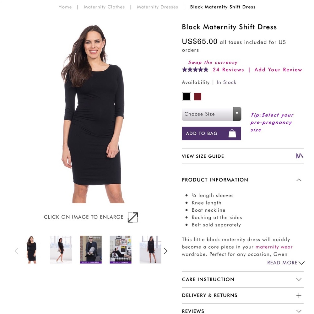 Seraphine 3/4 sleeve black shift dress